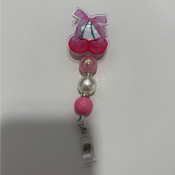 Other - Pink Cherry Beaded Badge Reel Retractable ID Holder – Handmade